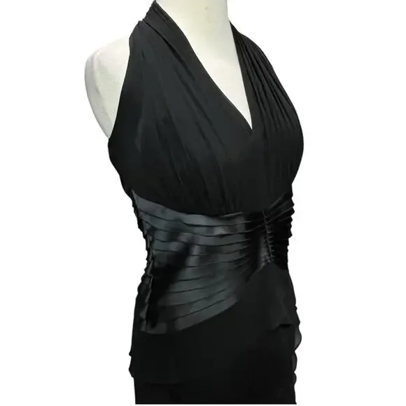 Tadashi Shoji Y2K Halter Dress 12 Black Silk Tiered Layer Cocktail Gown Romantic - Picture 3 of 16